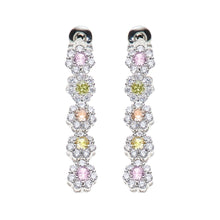 Carica l'immagine nel visualizzatore di Gallery, orecchini pendenti lunghi a margherite di cristalli di cubic zirconia di vari colori posti in successione in metallo color argento
