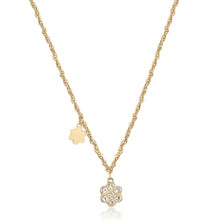 Carica l'immagine nel visualizzatore di Gallery, Collana dorata con pendente a fiore centrale con cristalli applicati e pendente più piccolo a fiore lucido a fianco