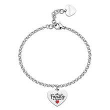 Carica l'immagine nel visualizzatore di Gallery, bracciale a catena in acciaio lucido con pendente a forma di cuore con incisa la frase "family is forever"