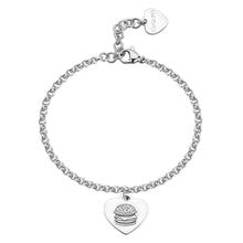 Carica l'immagine nel visualizzatore di Gallery, Bracciale in acciaio lucido di S'AGAPò con pendente a forma di Cuore con disegno di hamburger