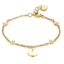 Carica l'immagine nel visualizzatore di Gallery, Bracciale in acciaio placcato oro con luna centrale pendente e stelle con cristalli
