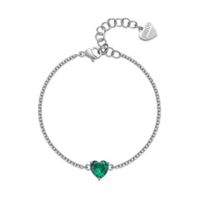 Carica l'immagine nel visualizzatore di Gallery, bracciale sottile da donna in acciaio bianco con cristallo colore verde smeraldo a forma di cuore