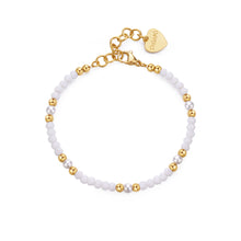 Carica l'immagine nel visualizzatore di Gallery, Bracciale con sfere in acciaio dorato sfere di vetro bianco e perle