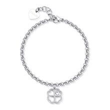 Carica l'immagine nel visualizzatore di Gallery, Bracciale con pendente a forma di quadrifoglio in Acciaio lucido color Argento e cristallo bianco