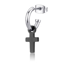 Carica l'immagine nel visualizzatore di Gallery, Orecchino a cerchio singolo da uomo in acciaio bianco con pendente a croce in acciaio colore nero