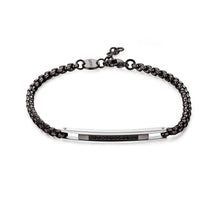 Carica l'immagine nel visualizzatore di Gallery, Bracciale in Acciaio con PVD colore rutenio catena a maglia rolò quadrata ed una Targhetta con cristalli neri applicati