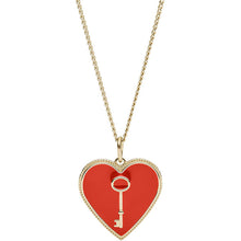 Carica l'immagine nel visualizzatore di Gallery, Girocollo donna con cuore In Acciaio Placcato Oro Giallo e smalto rosso e chiave disegnata al centro.