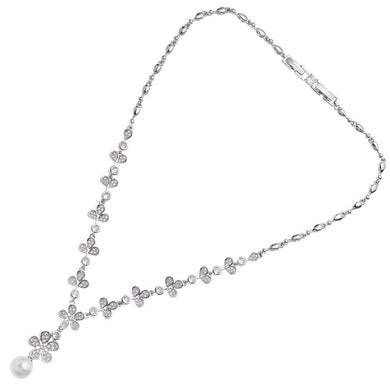 Collana a Y con cristalli di cubic zirconia bianchi e perla pendente con metallo color argento