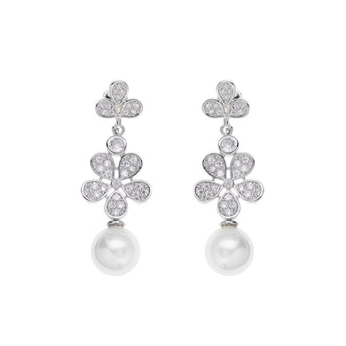 Orecchini pendenti con cristalli di cubic zirconia bianchi e perla con metallo color argento