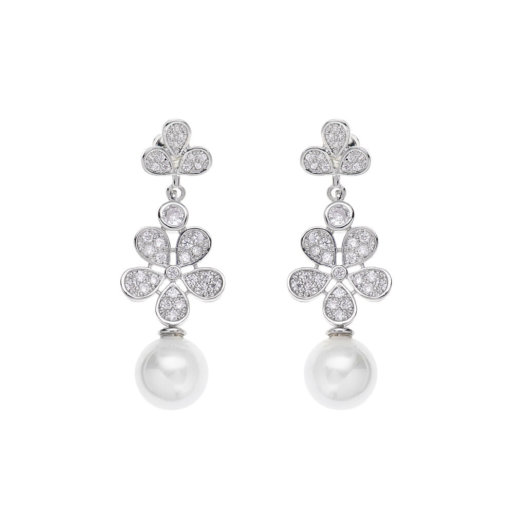 Orecchini pendenti con cristalli di cubic zirconia bianchi e perla con metallo color argento