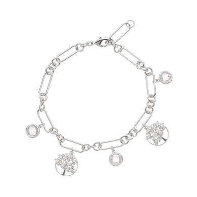 Bracciale a catena in metallo color argento con albero della vita e cristalli di cubic zirconia bianchi