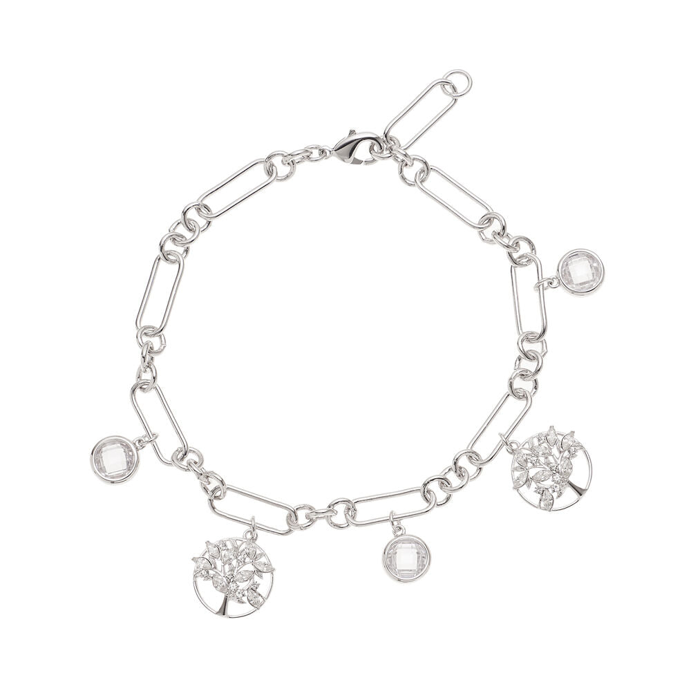Bracciale a catena in metallo color argento con albero della vita e cristalli di cubic zirconia bianchi