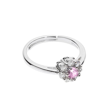 anello con cristallo bianco e rosa incastonato su metallo color argento
