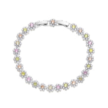 Carica l&#39;immagine nel visualizzatore di Gallery, bracciale a margherite di cristalli di cubic zirconia di vari colori posti in successione in metallo color argento
