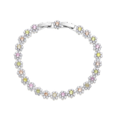 bracciale a margherite di cristalli di cubic zirconia di vari colori posti in successione in metallo color argento