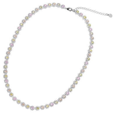 Collana a margherite di cristalli di cubic zirconia di vari colori posti in successione, color argento