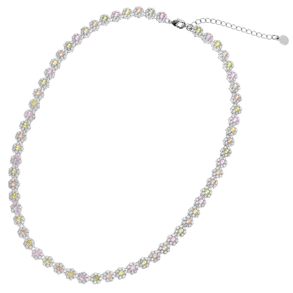 Collana a margherite di cristalli di cubic zirconia di vari colori posti in successione, color argento