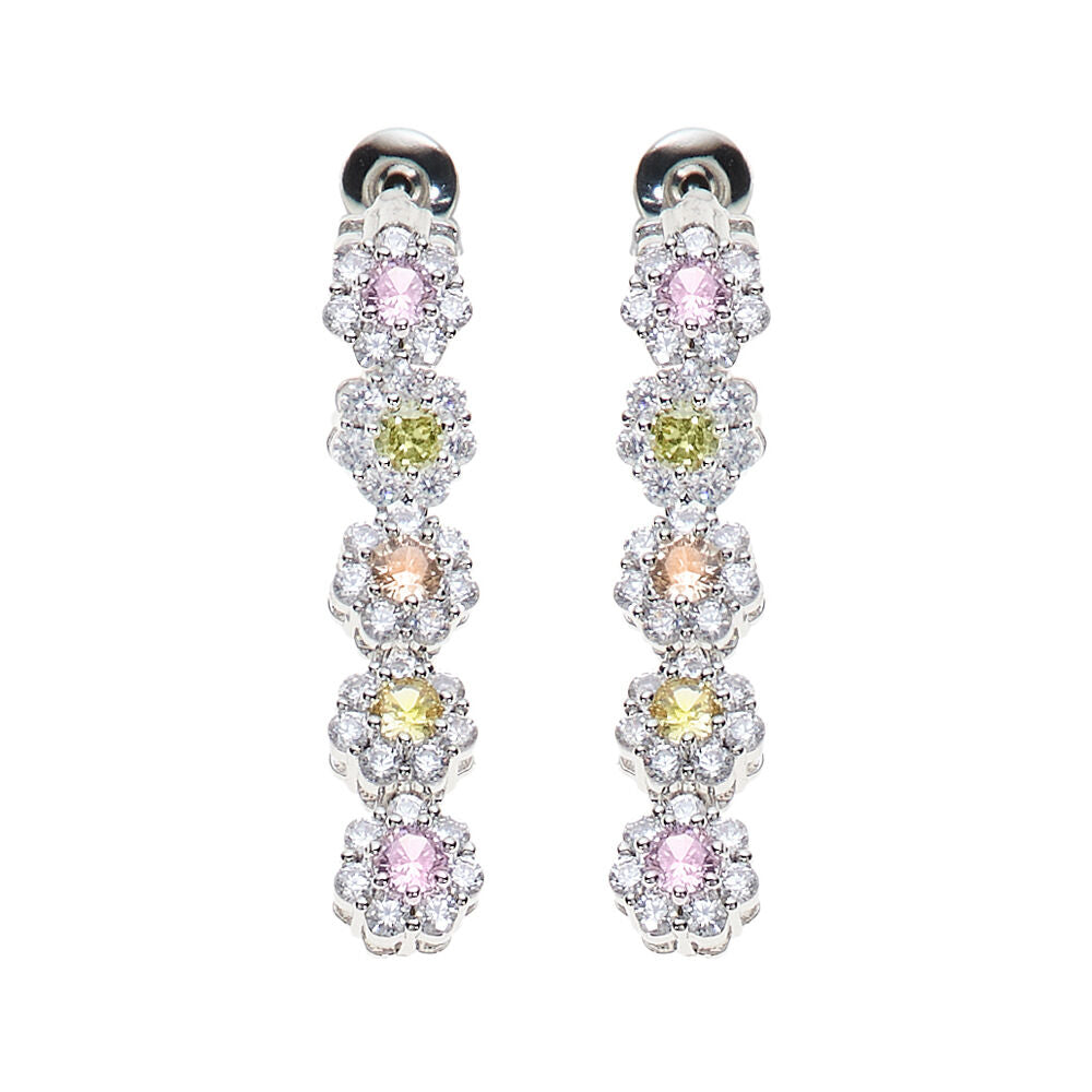 orecchini pendenti lunghi a margherite di cristalli di cubic zirconia di vari colori posti in successione in metallo color argento