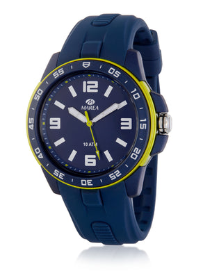 Orologio sportivo con cassa in plastica blu e cinturino in silicone blu con lunetta di colore verde lime