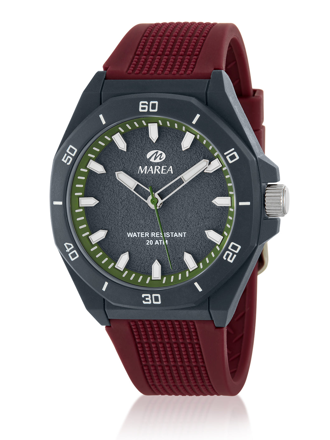 Orologio sportivo con cassa in plastica Grigia e cinturino in silicone color vinaccia con dettagli di colore verde