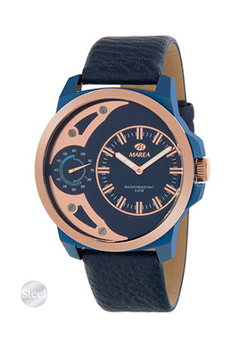 orologio marca marea da uomo in pelle nei toni di blu e oro rosa con secondi a ore 3