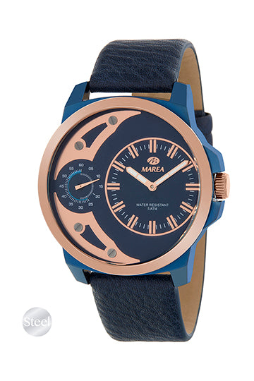 orologio marca marea da uomo in pelle nei toni di blu e oro rosa con secondi a ore 3