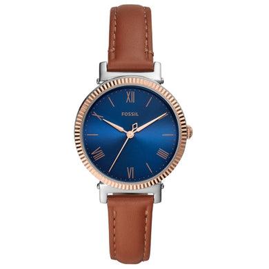 orologio donna modello slim in pelle marrone e quadrante blu