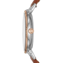 Carica l&#39;immagine nel visualizzatore di Gallery, orologio donna modello slim in pelle marrone e quadrante blu, laterale
