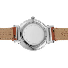 Carica l&#39;immagine nel visualizzatore di Gallery, orologio donna modello slim in pelle marrone e quadrante blu visto da dietro
