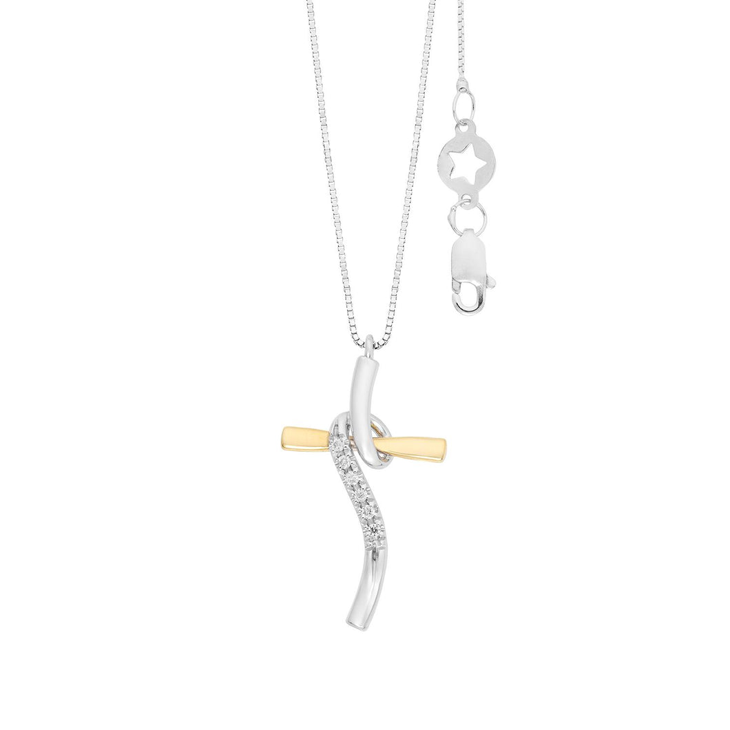 collana con croce in oro bianco e giallo con incastonati diamanti bianchi 