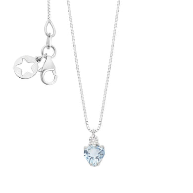 collana in oro bianco 9kt con pendente di pietra acquamarina a forma di cuore e diamante di comete gioielli