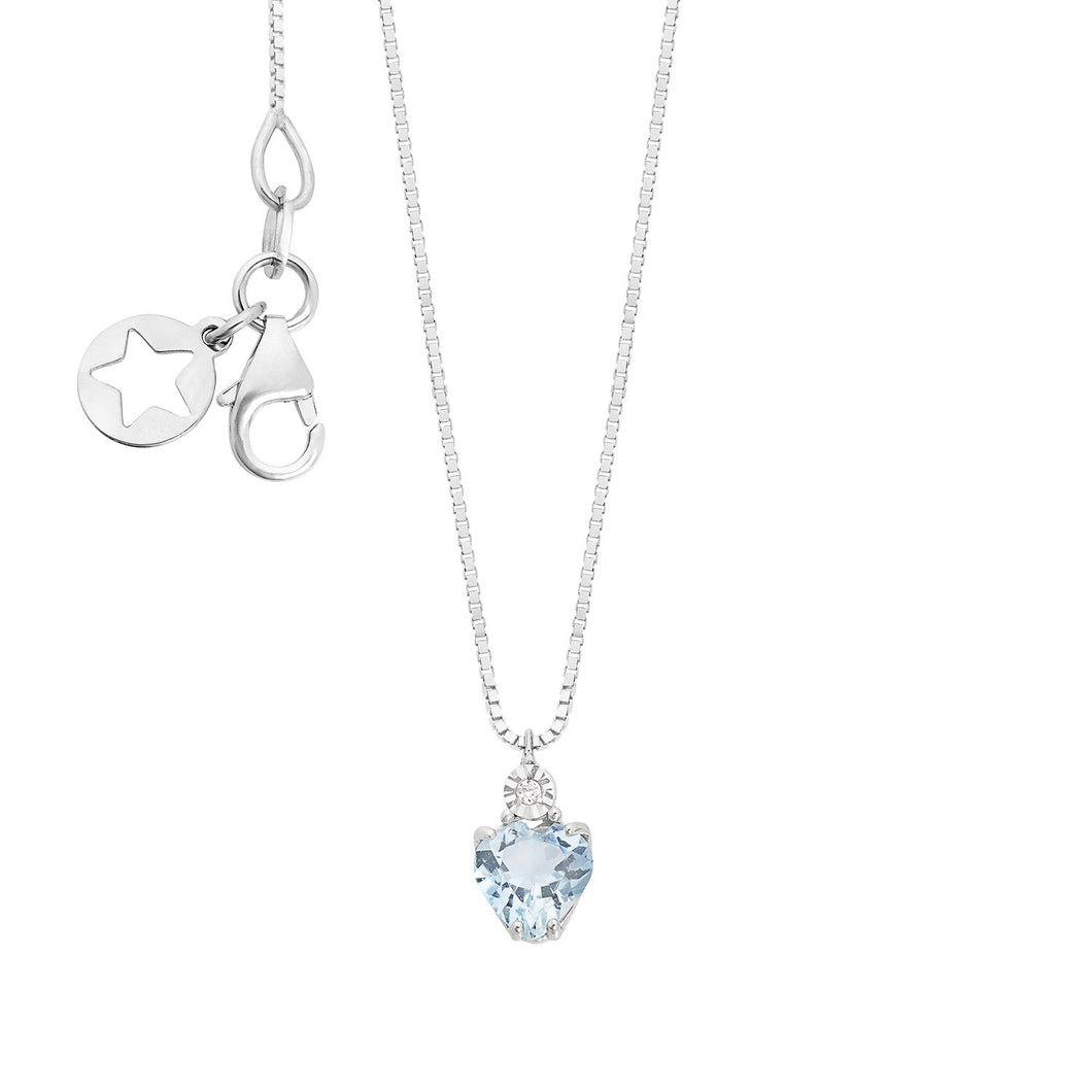 collana in oro bianco 9kt con pendente di pietra acquamarina a forma di cuore e diamante di comete gioielli