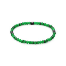 Carica l'immagine nel visualizzatore di Gallery, Bracciale elastico con perle di vetro di colore verde ed anellini in acciaio placcati di nero
