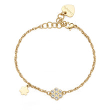 Carica l'immagine nel visualizzatore di Gallery, Bracciale con simbolo fiore in acciaio dorato lucido e cristalli bianchi di sagapo gioielli
