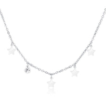 Carica l'immagine nel visualizzatore di Gallery, girocollo con 4 pendenti a forma di stella ed un cristallo bianco su una catenina sottile in acciaio lucido color argento
