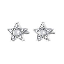 Carica l'immagine nel visualizzatore di Gallery, orecchini a forma di stella con cristallo bianco al centro in acciaio lucido color argento
