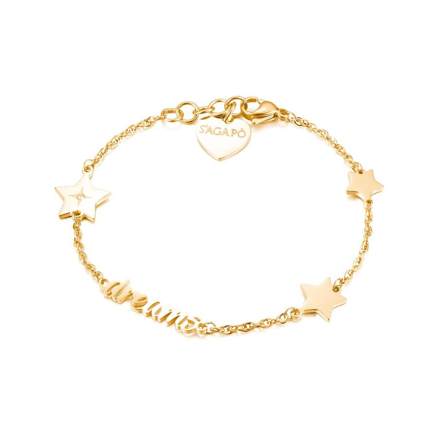 SFC12 Bracciale S'AGAPò FANCY con stelline e scritta Dreams in acciaio e pvd oro