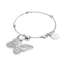 Carica l'immagine nel visualizzatore di Gallery, Bracciale con forma di farfalla e quadrifoglio con sonaglio e glitter in acciaio lucido
