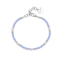Carica l'immagine nel visualizzatore di Gallery, Bracciale con sfere in acciaio sfere di vetro blu e perle bianche
