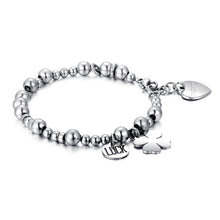 Carica l'immagine nel visualizzatore di Gallery, Bracciale con sfere in acciaio e pendenti a forma di quadrifoglio e tondo con scritta luck
