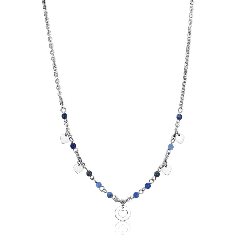 SHT03 Collana Sagapo HAITI in acciaio con pendenti a forma di cuoricino e sfere di sodalite