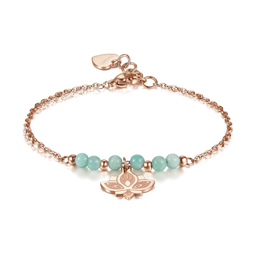 SHT27 Bracciale sagapo HAITI con fiore di loto in acciaio e pvd oro rosa con smalto rosa e amazzonite