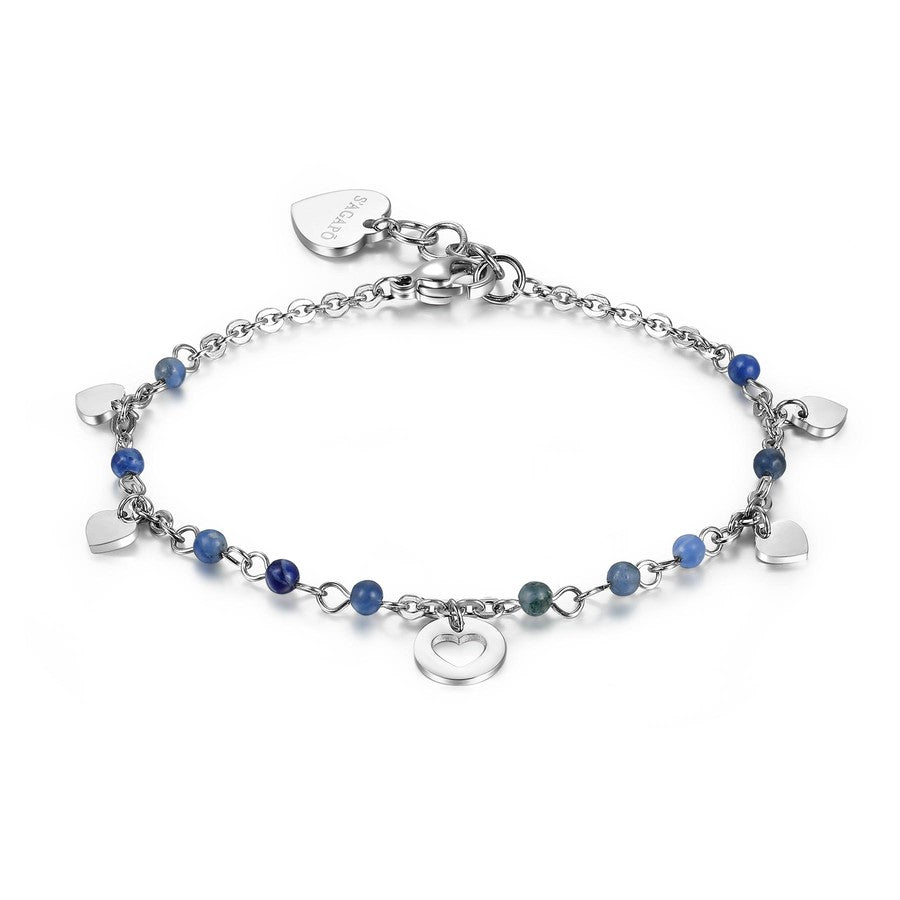 SHT32 Bracciale Sagapo HAITI in acciaio con pendenti a forma di cuoricino e sfere in sodalite