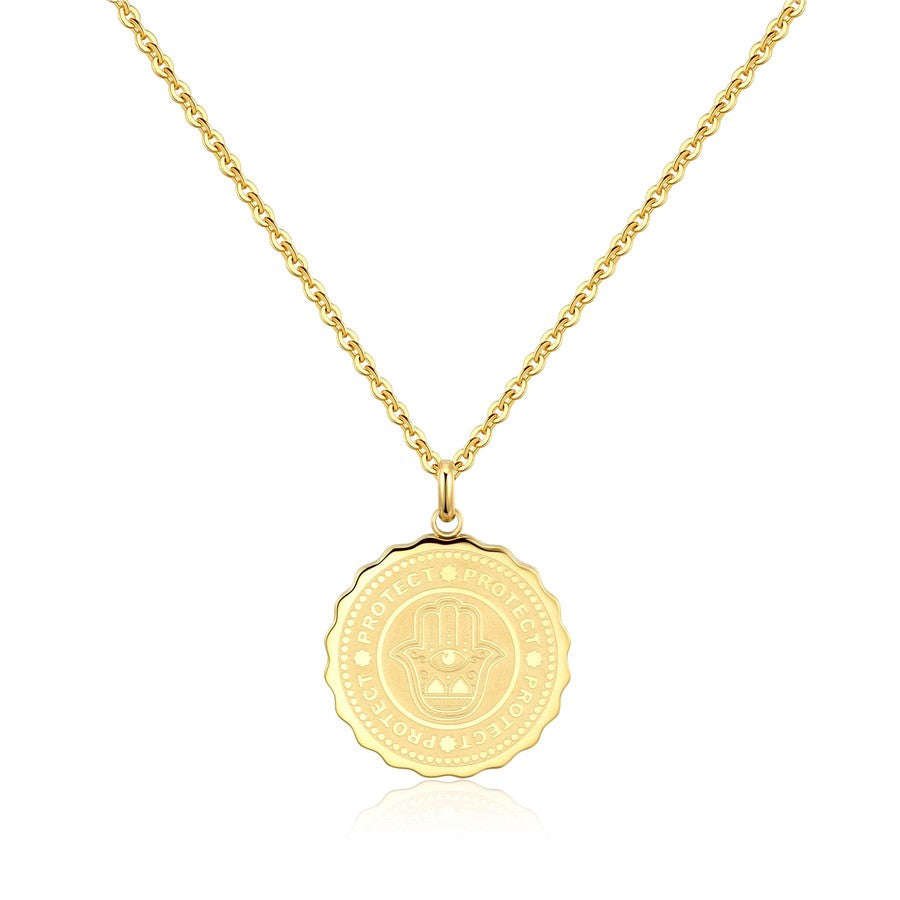 SKY04 Collana S'AGAPò LUCKY COIN Protect con pendente Mano di Fatima in acciaio Placcato Oro