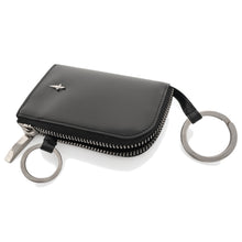 Carica l'immagine nel visualizzatore di Gallery, portachiavi da borsa in pelle nera con chiusura a zip in pelle nera liscia con anelli brisé
