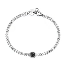 Carica l'immagine nel visualizzatore di Gallery, Bracciale uomo con centrale ottagonale con smalto nero e cristallo scuro applicato su acciaio lucido color argento
