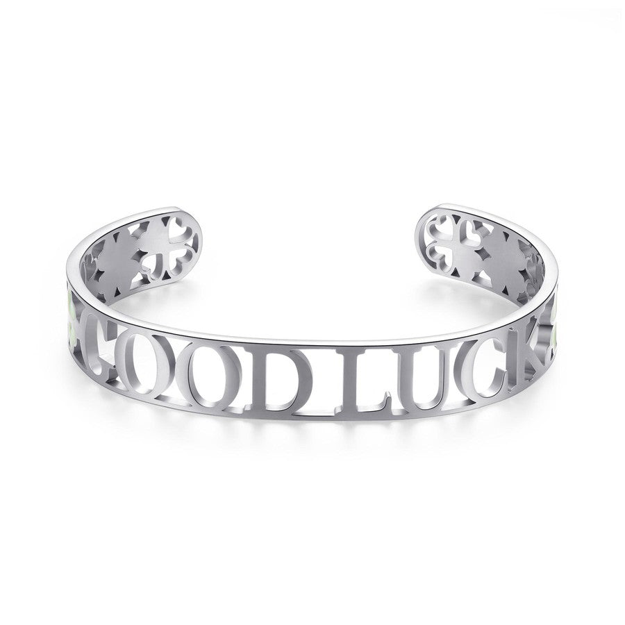 SOV11 Bracciale S'AGAPò LOVELY con scritta Good Luck in Acciaio e Smalto Verde