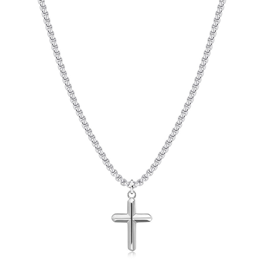 collana da uomo con croce liscia in acciaio lucido color argento