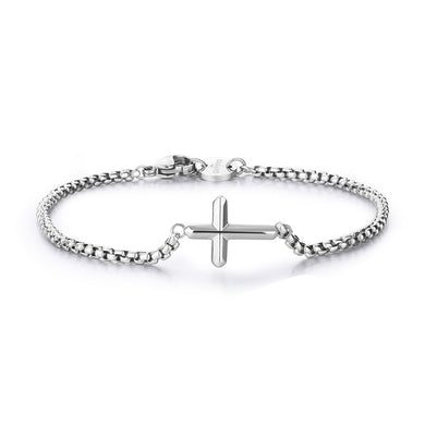 bracciale a catena sottile da uomo con croce centrale in acciaio lucido colore argento
