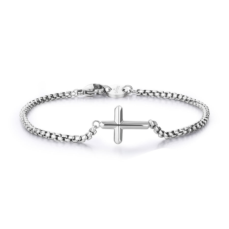 bracciale a catena sottile da uomo con croce centrale in acciaio lucido colore argento